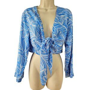Shade Shore Tie Front Crop Top Size L Long Slv Linen Blend Blue White Leaf Print